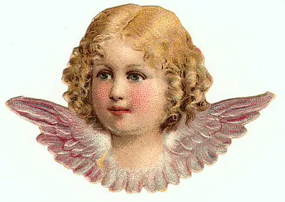Chromolithographed cherub head with pink wings