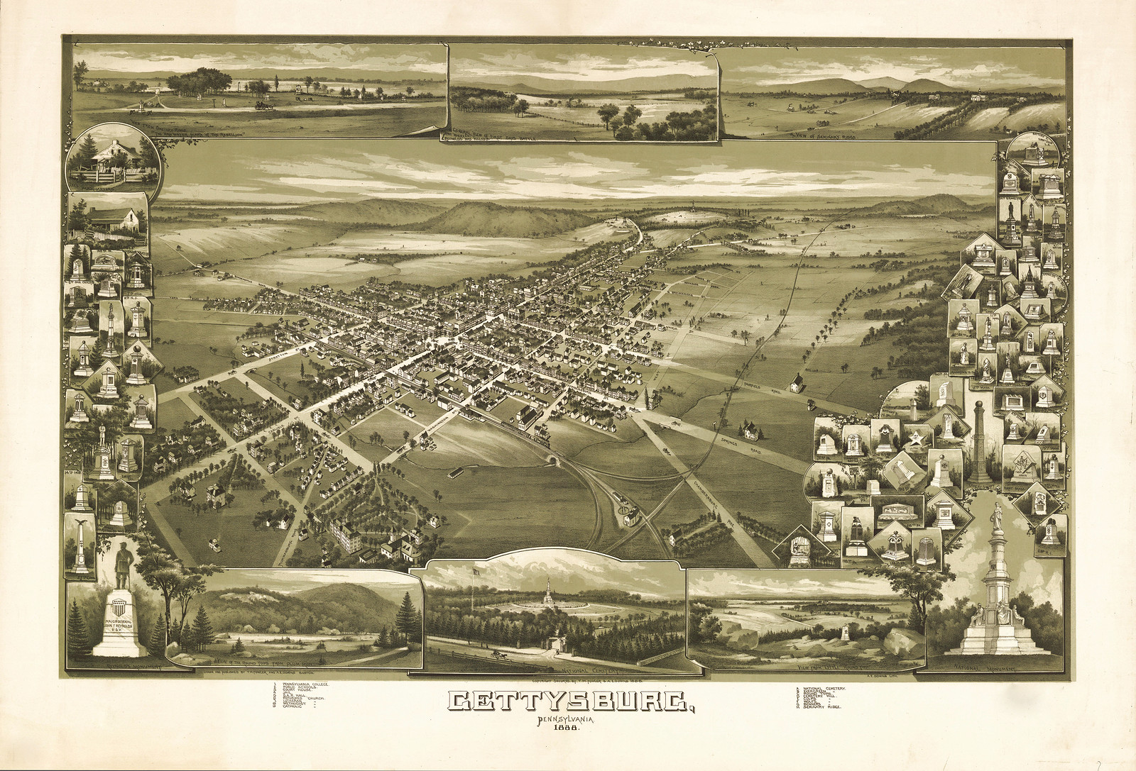 Gettysburg, Pennsylvania, 1888 bird's-eye view map, 1888 — antique map