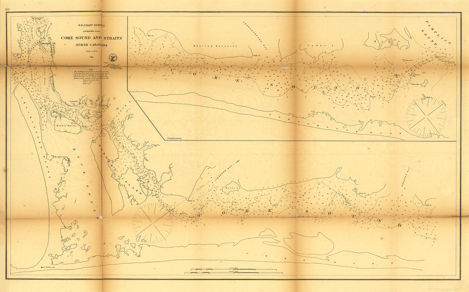 U.S. Coast Survey Map of Core Sound and Straits, North Carolina — antique map