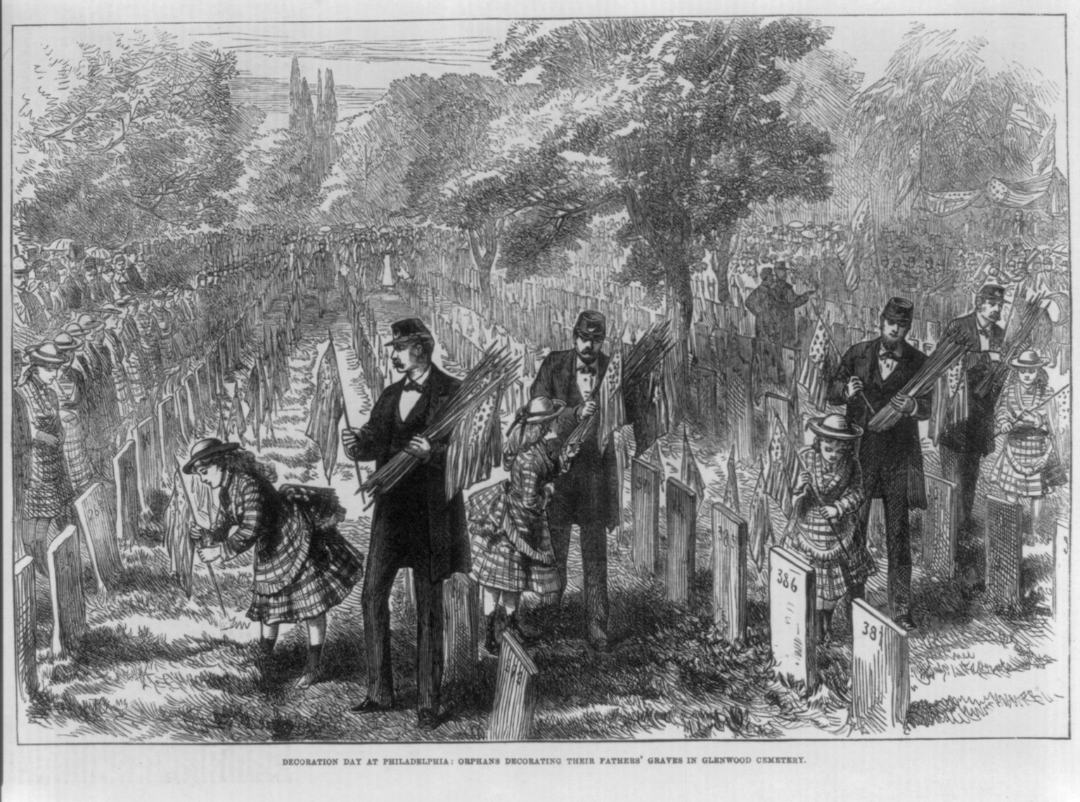 [Orphans decorating their fathers' graves in Glenwood Cemetery, Philadelphia, on Decoration Day], [1876] — antique engraving