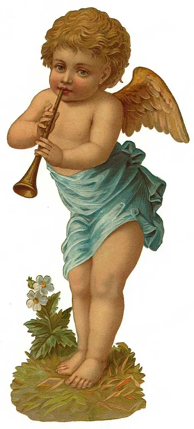 Cherub playing a flute with wings and flowers