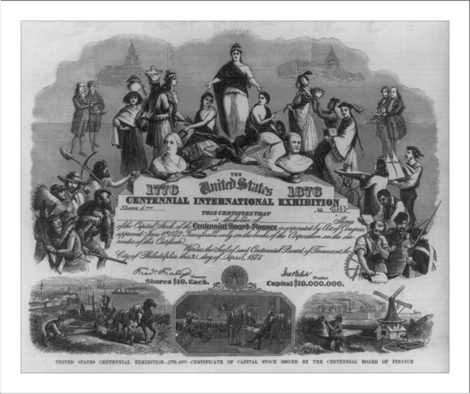 United States Centennial Exhibition - 1776-1876 - Certificate of Capital Stock Issued by the Centennial Board of Finance — antique engraving