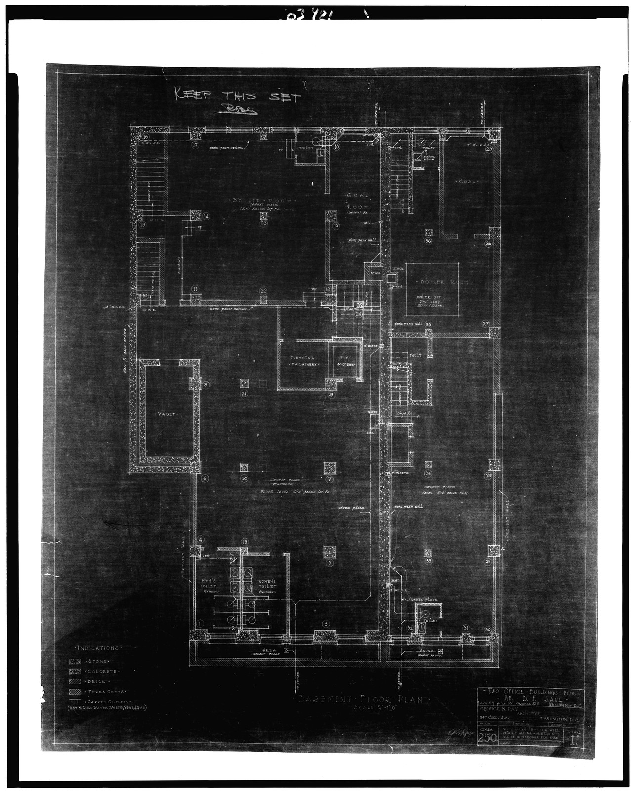 [Two office buildings for B.F. Saul (15th Street, N.W., Washington, D.C.) Basement floor. Plan] / George N. Ray, Architect., and Engineering (ADE) Drawings" (http://www.loc.gov/rr/print/res/103_ade.html)." — historic drawing