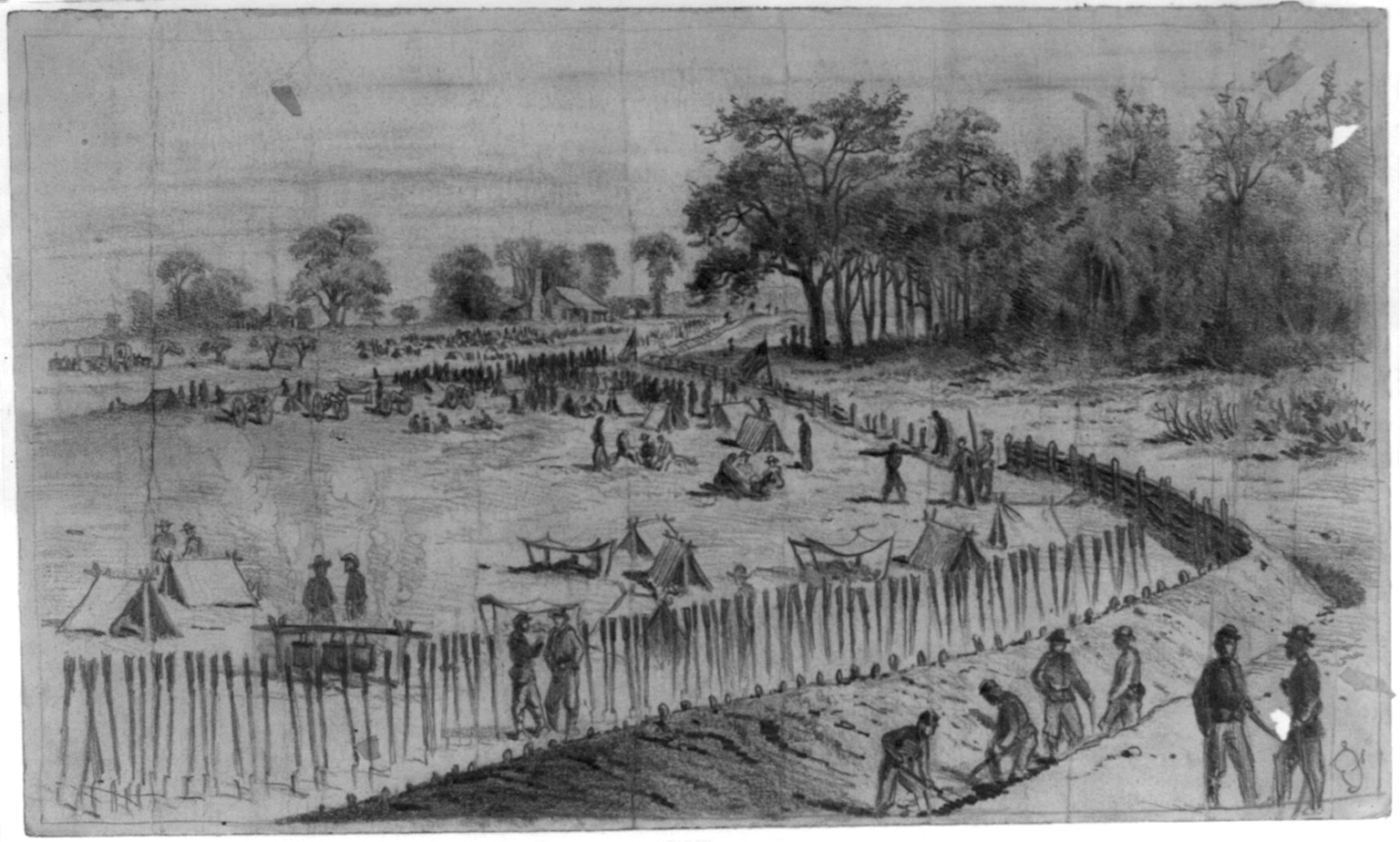 The battle of Cold Harbor, throwing up breastworks, 1864 June. — historic drawing