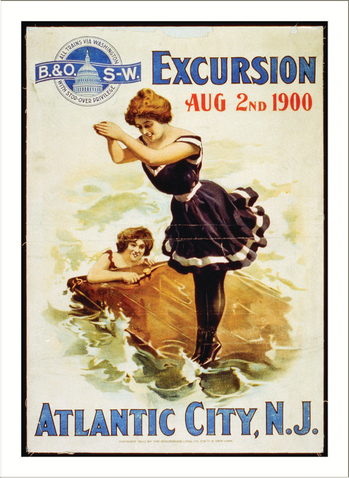 B. & O. S-W. Excursion, Aug. 2nd, 1900, Atlantic City, N.J., Cincinnati & New York : Strobridge & Co. Lith., 1900. — vintage poster