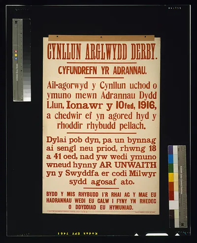 Cynllun arglwydd derby. Cyfundrefn yr adrannau / printed by Roberts & Leete, Ltd., London.