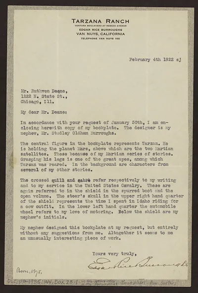 Typed letter from Tarzana Ranch about a bookplate