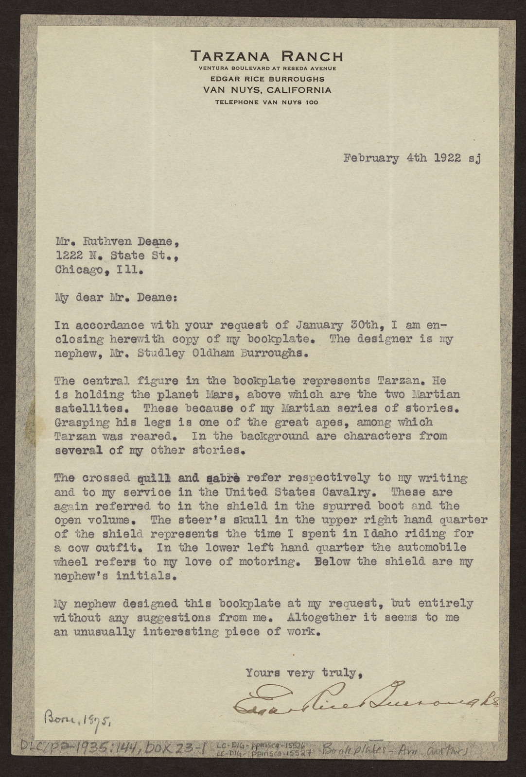 Typed letter from Tarzana Ranch about a bookplate — historic image