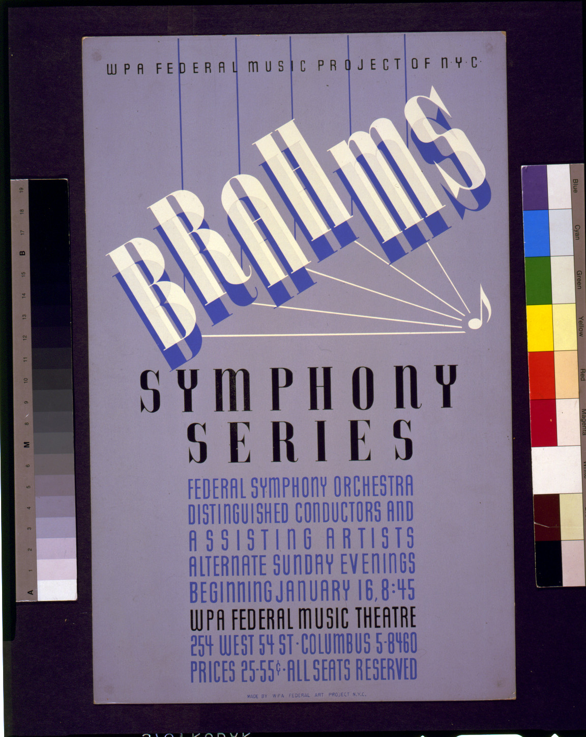 WPA Federal Music Project of NYC [presents] Brahms symphony series Federal symphony orchestra - distinguished conductors and assisting artists., N.Y.C. : WPA Federal Art Project, [1938] — vintage poster