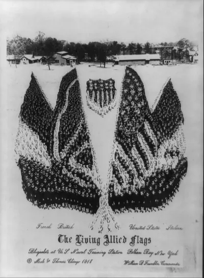 The Living allied flags; Bluejackets at U.S. Naval Training Station, Pelham Bay, New York; William B. Franklin, commander