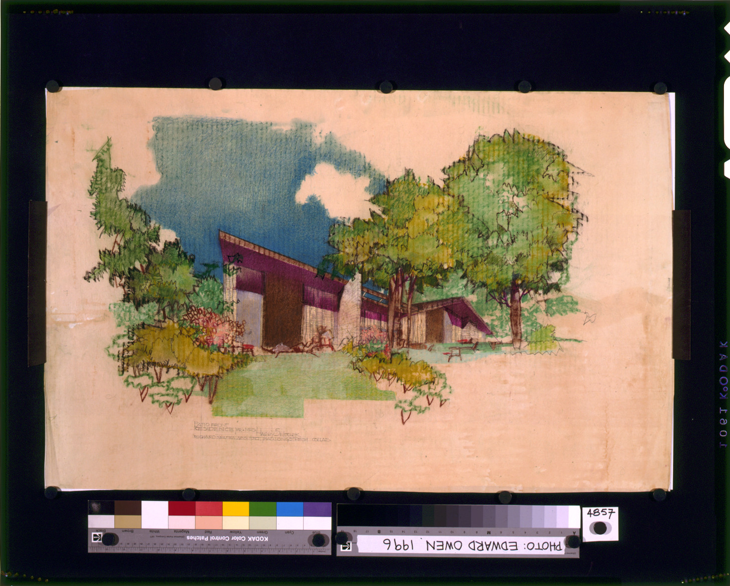 [Residence for Mr. and Mrs. Harry Seitchik, Frazier Rd. (Abington, Pa.). Patio front. Rendering] / Richard Neutra, architect ; Thad Longstreth, collab., [19]58. — historic drawing