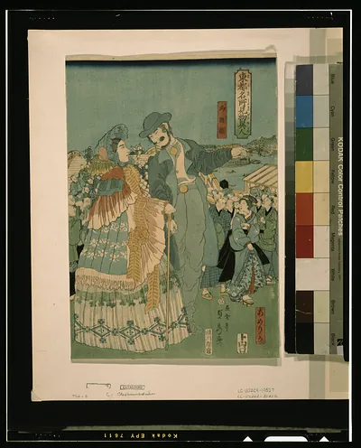 Toto meisho kenbutsu ijin - RyogokubashiTITLE TRANSLATION:Foreign sightseers in famous spots of Edo - Ryogoku bridge.