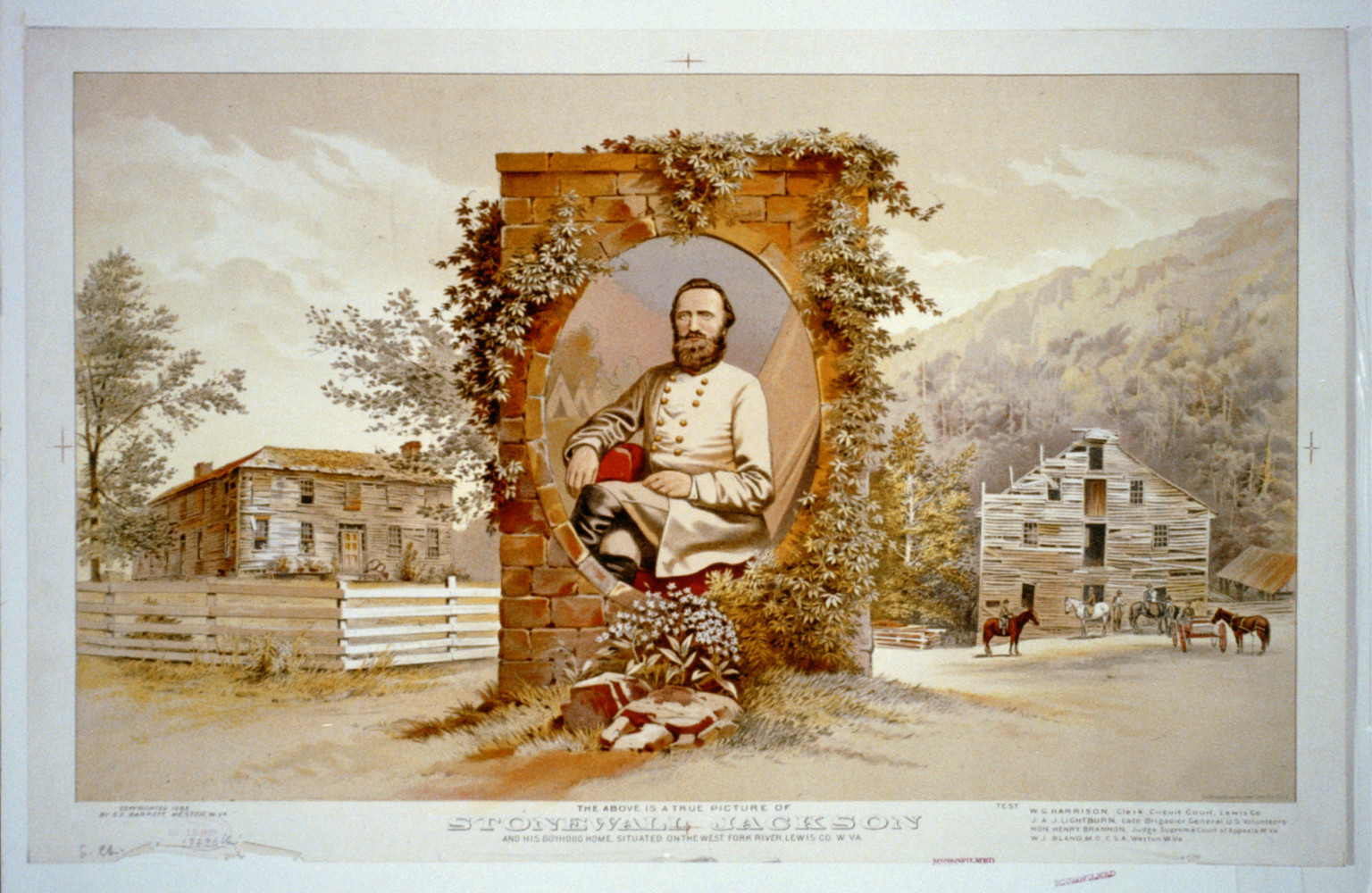 The above is a true picture of Stonewall Jackson and his boyhood home, situated on the West Fork River, Lewis Co., W. Va., c1889. — antique lithograph