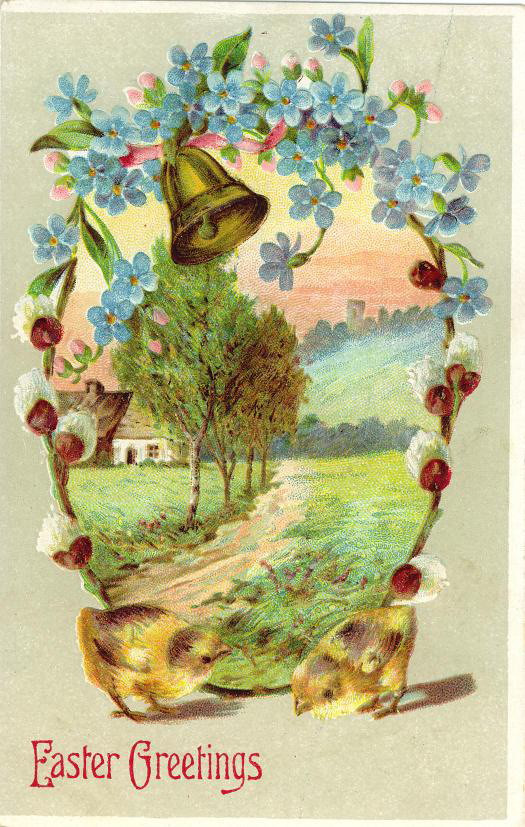 Easter Greetings postcard with bells, chicks and forget-me-nots — vintage postcard