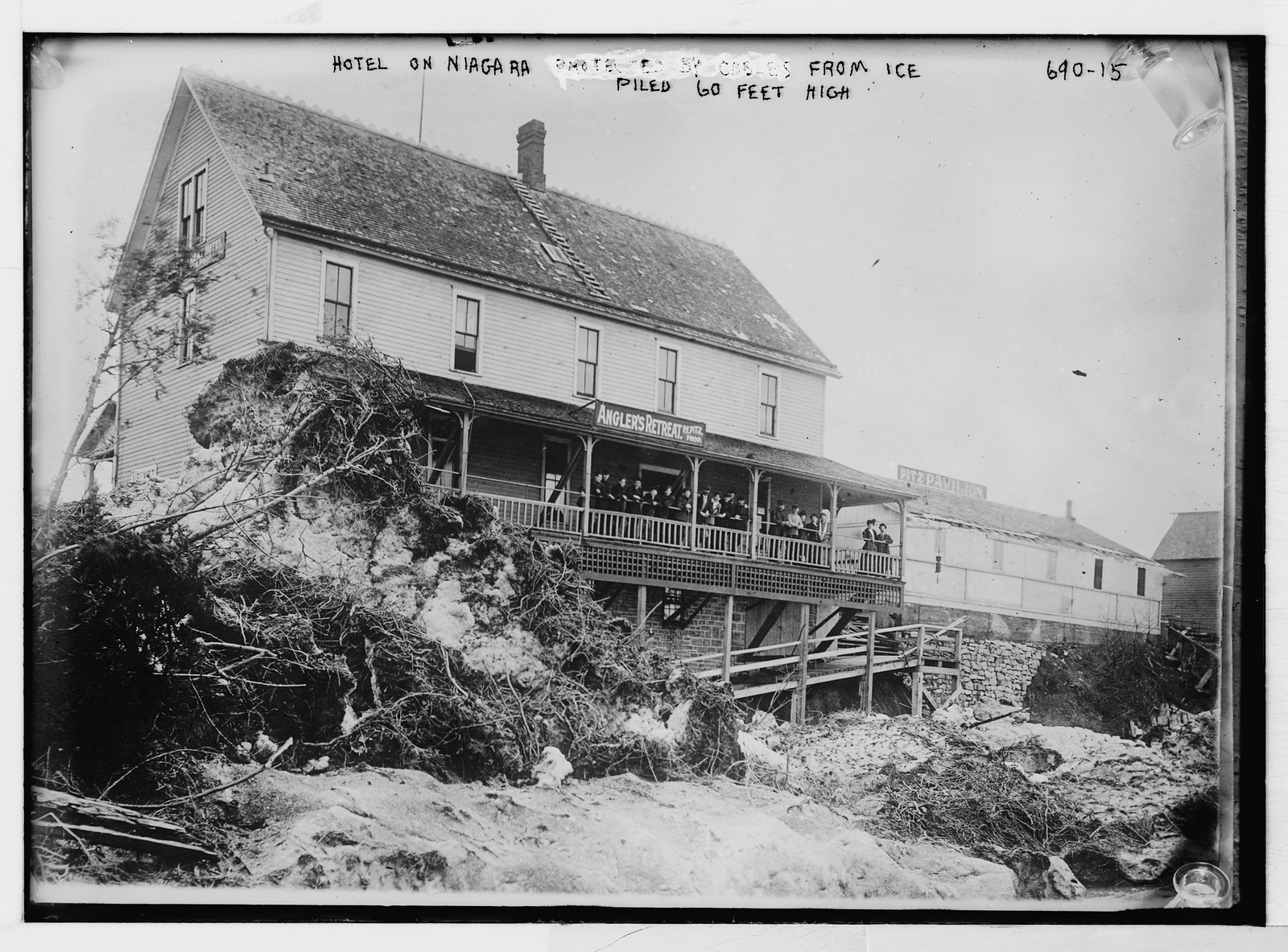 Hotel on Niagara, "Angler's Reteat" piled 60 feet high from ice, New York State, n/a — historic photograph