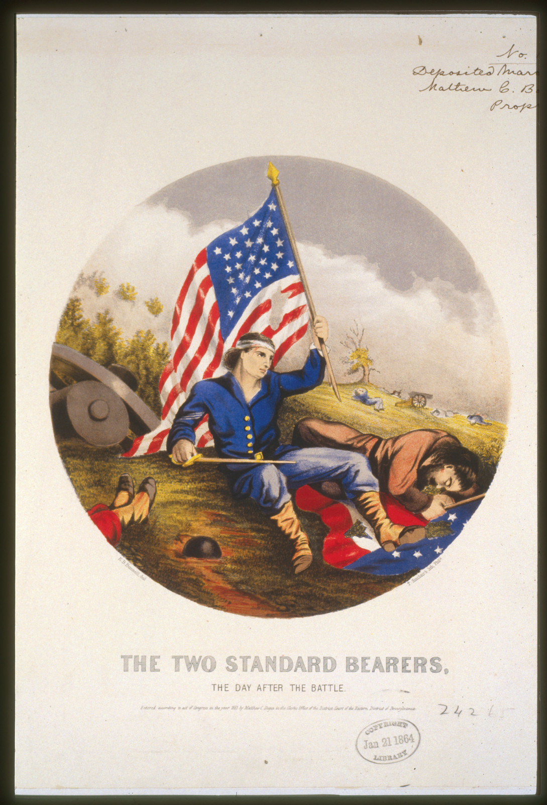 The two standards bearers, the day after battle / E.B. Bensell, del. ; T. Sinclair's lith., Phila., c1864. — antique lithograph