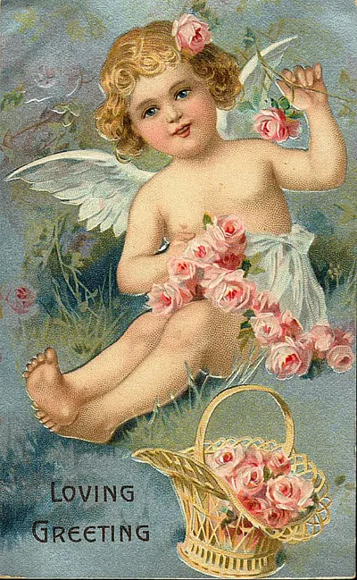 Cherub with roses and basket, Loving Greeting card