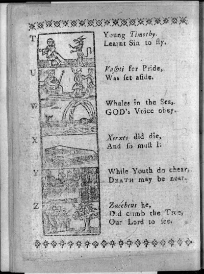 [Page from The New England Primer Improved, 1773, letters T through Z, illus.]