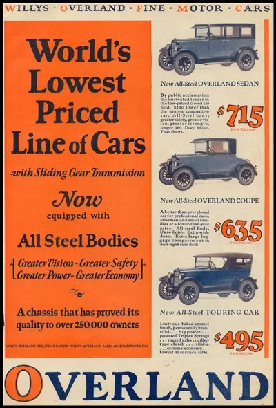Overland Fine Motor Cars advertisement with sedan, coupe and touring car