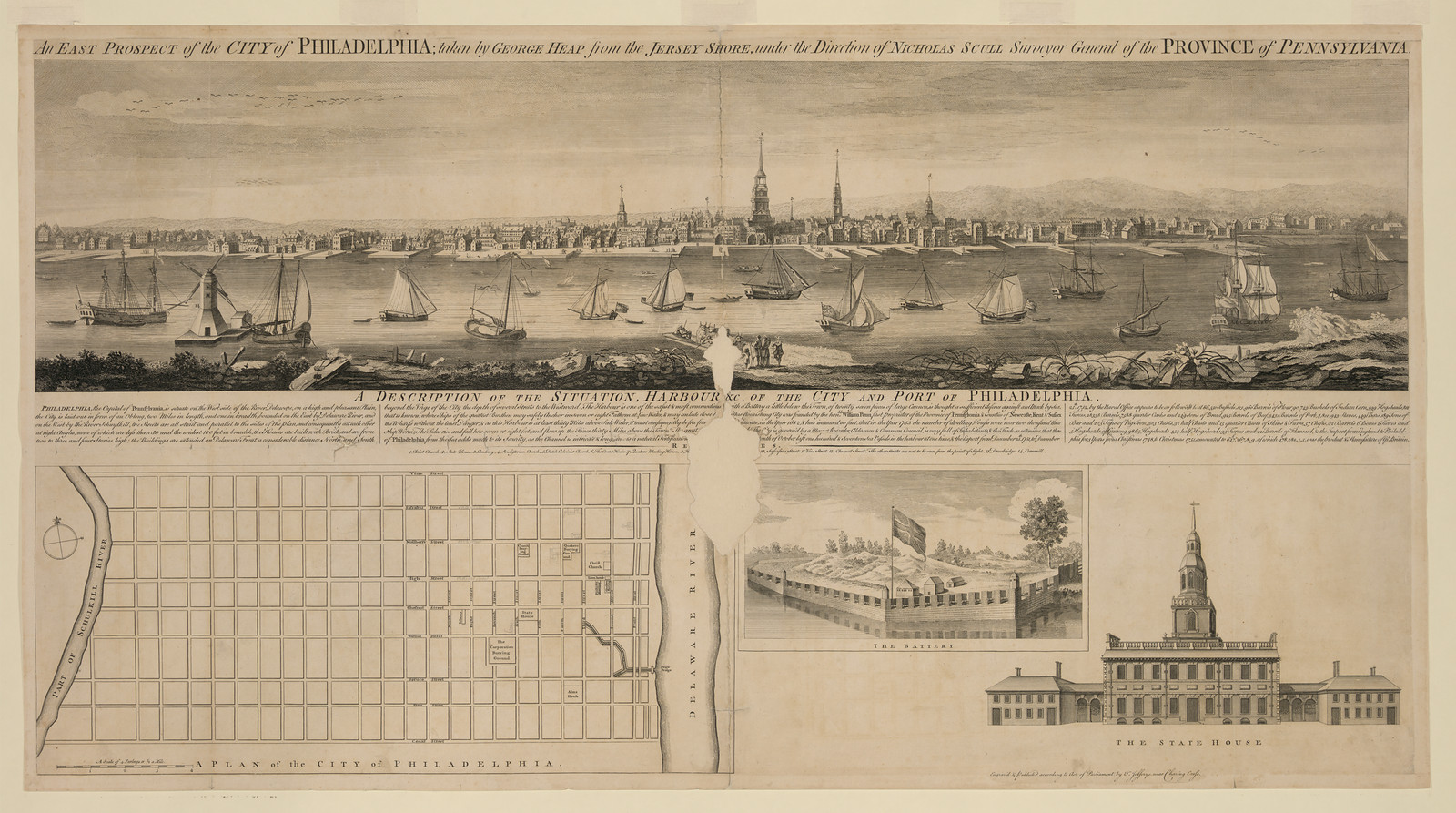 An East Prospect of the City of Philadelphia, with plan and State House views — historic image