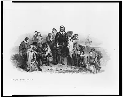 [Bank note illustration showing the landing of the Pilgrims at Plymouth]
