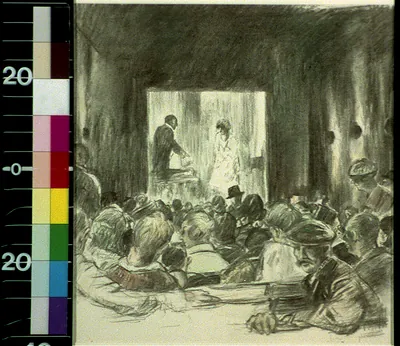 Charcoal drawing of a seated audience watching performers on a lit stage