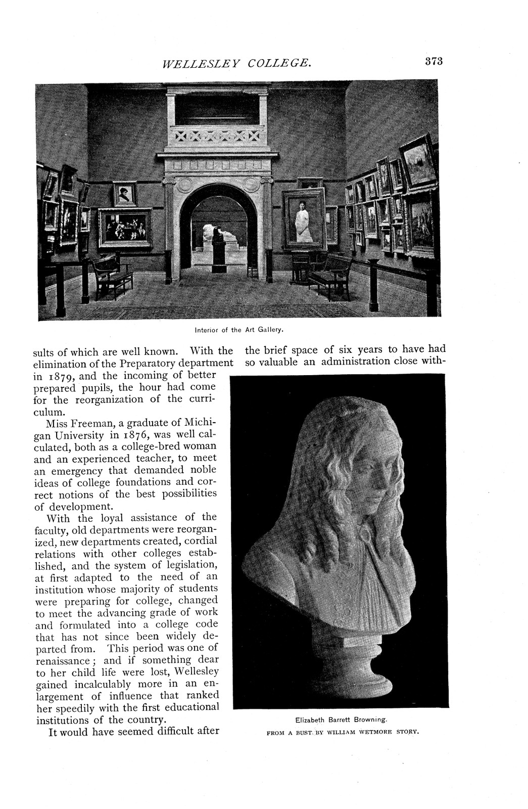 Wellesley College page with art gallery interior and bust — antique map