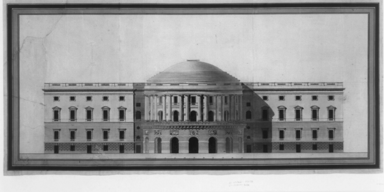 [United States Capitol (Federal Capitol") D.C. Front elevation rendering]", 1 drawing : ink, wash, watercolor, and graphite on paper. — historic drawing