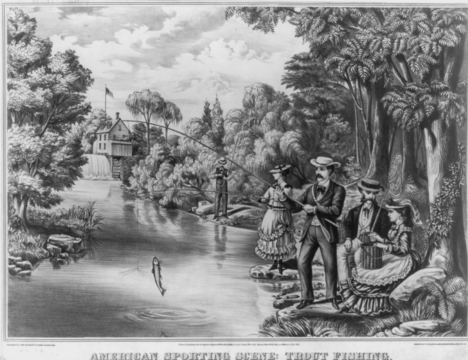 American sporting scene - trout fishing, New York : Published by John Walsh & Co., 37 Spring St., c1870 (N.Y. : Printed by J.F. Smart & Kahlmann, 14 Cortland St.) — antique lithograph