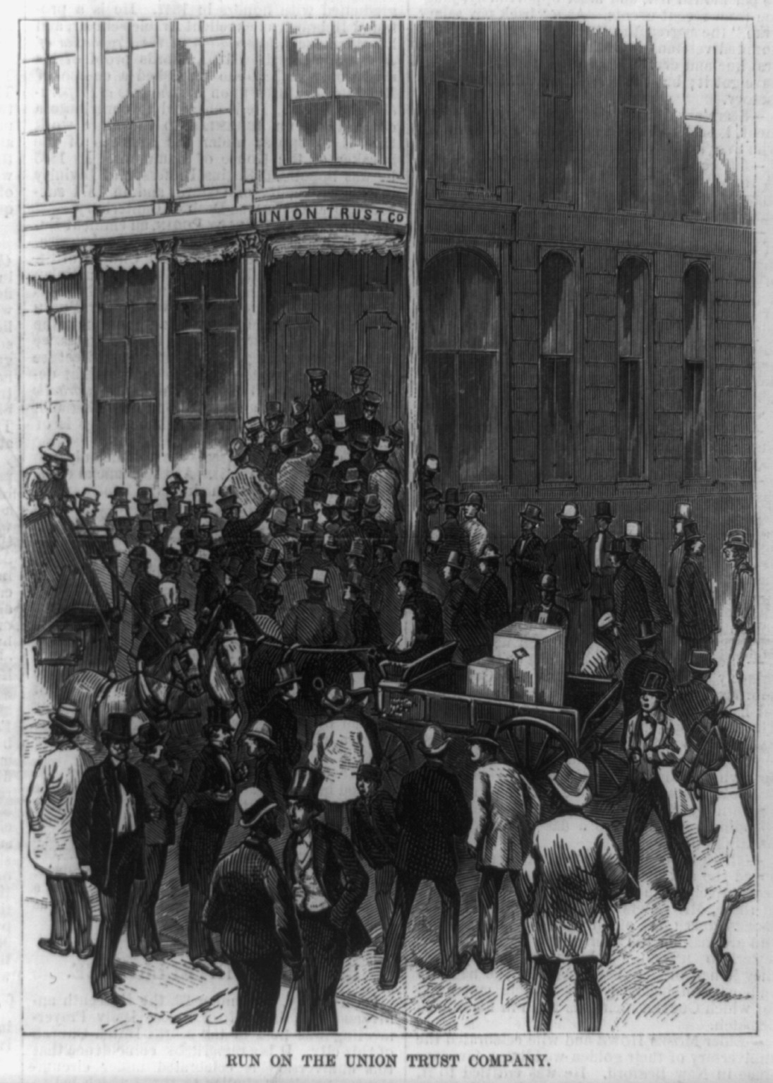 Scenes in Wall Street during the panic. Run on the Union Trust Company, 1873 — antique engraving