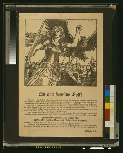 An das deutsche Volk! Propaganda poster with allegorical woman and eagle