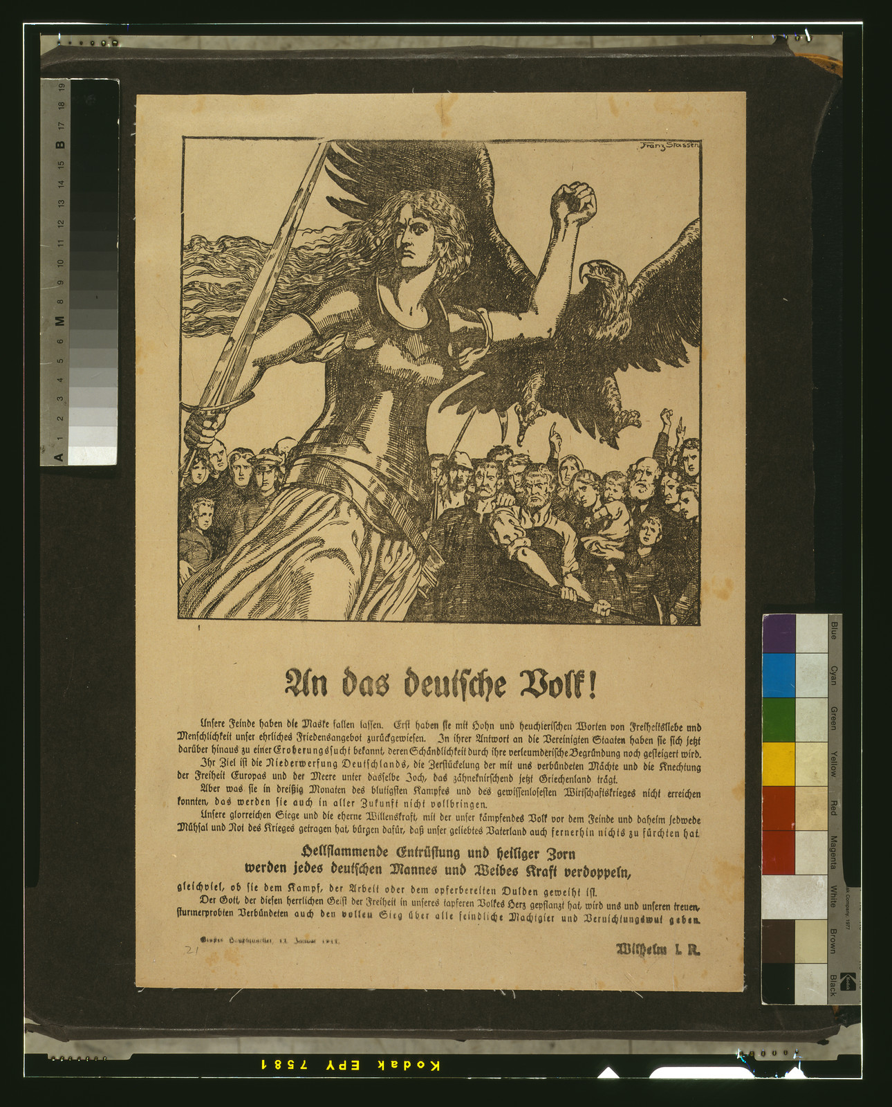 An das deutsche Volk! Propaganda poster with allegorical woman and eagle, 1914 — vintage poster