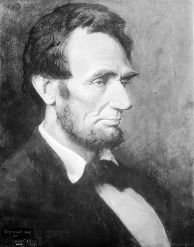 Profile portrait painting of a bearded man in dark suit
