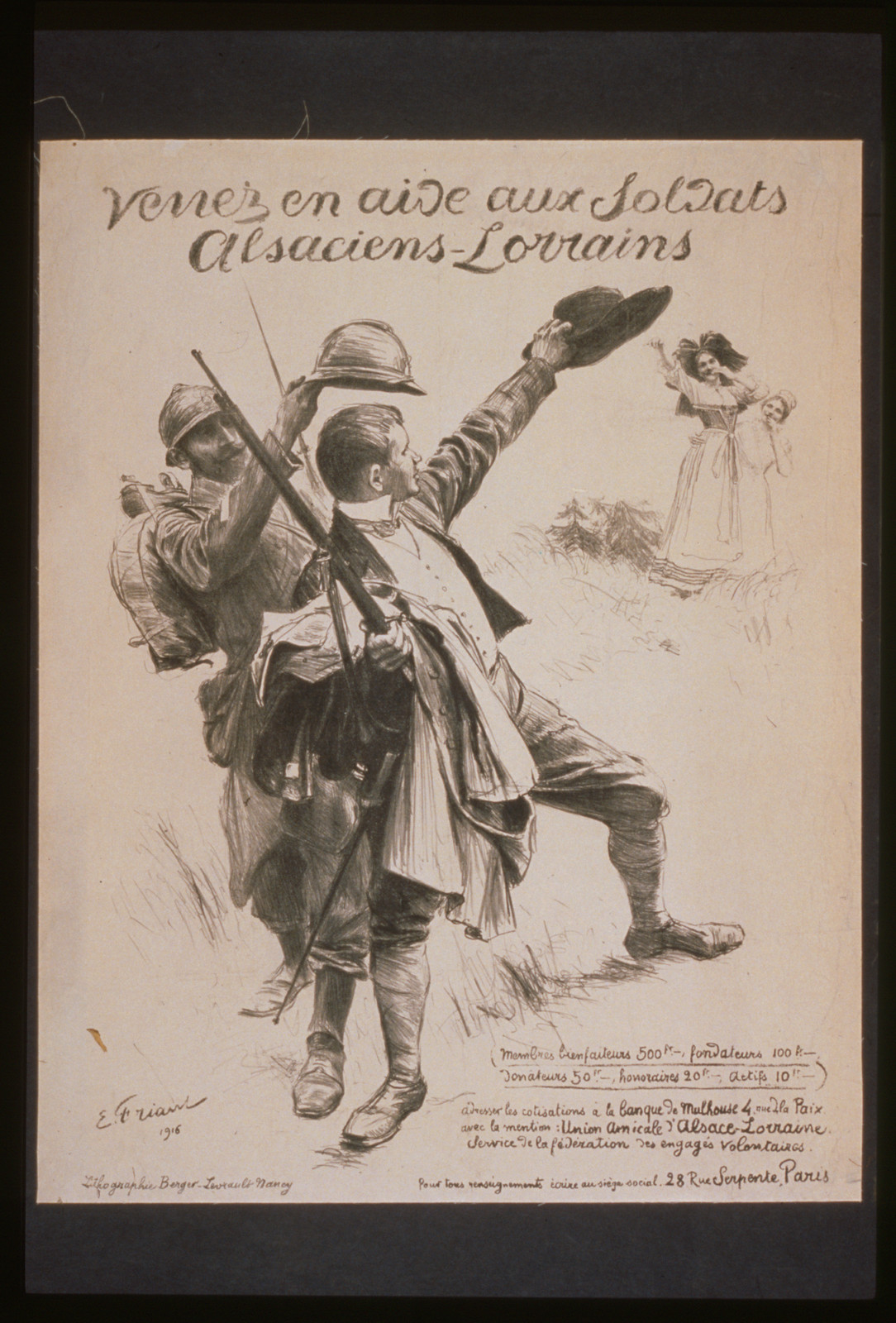 Venez en aide aux soldats Alsaciens-Lorraines., 1916 — vintage poster