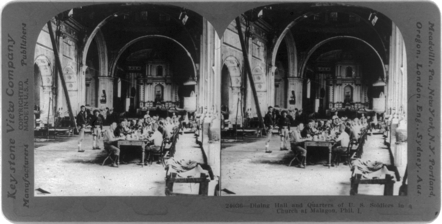 Dining hall and quarters of U.S. soldiers in a church at Malagon, Philippine Islands, [1899?], c1919 Dec. 13. — historic photograph
