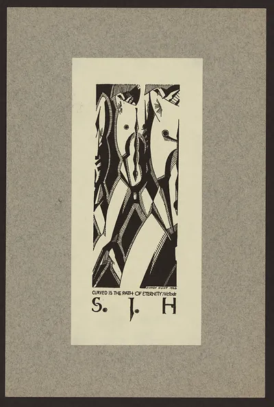 Bookplate with abstract woodcut design and Nietzsche quotation