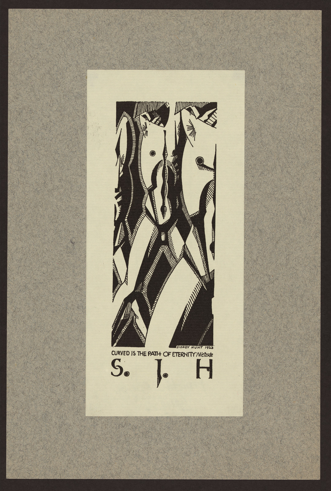 Bookplate with abstract woodcut design and Nietzsche quotation — historic image