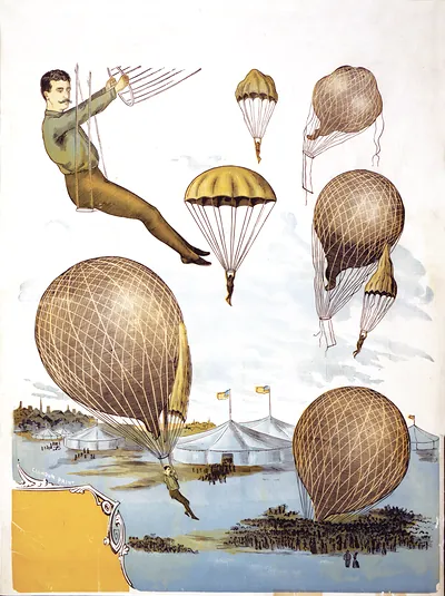 [Aerial balloon performance with tents and audience below]