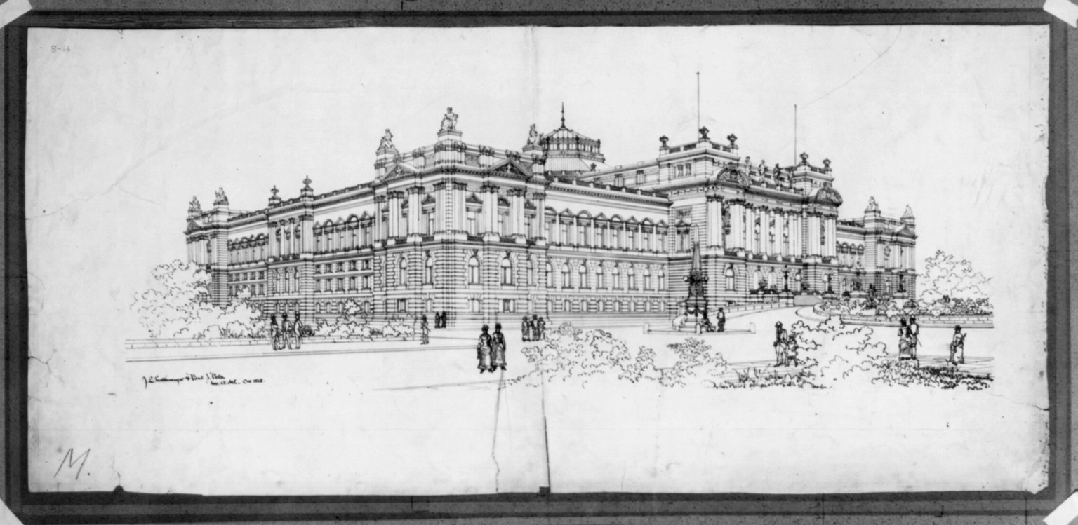 [Library of Congress, Washington, D.C. Front perspective], and Engineering (ADE) Drawings" (http://www.loc.gov/rr/print/res/103_ade.html)." — historic drawing