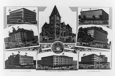 [Composite of eight buildings in Washington, D.C.--St. James Hotel, the Ebbitt House, Riggs House, Metropolitan Hotel, National Hotel, The Arlington, Willard's Hotel, and the Baltimore & Potomac R.R. Depot]