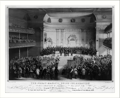 The great Masonic celebration of the brethren hitherto under the jurisdiction of St. John's Grand Lodge with the most worshipful grand lodge of the M.A. & hon. fraternity of free & accepted masons of the State of New York, at Tripler Hall, City of New-York, Friday, December 27th A.D. 1850, A.L. 1850 / daguerreotyped and published by J. H. & F. J. Clark, 551 Broadway New -York ; drawn on stone by C