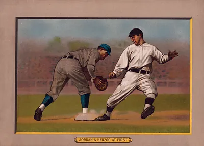 Jordan & Herzog at First, baseball lithograph card