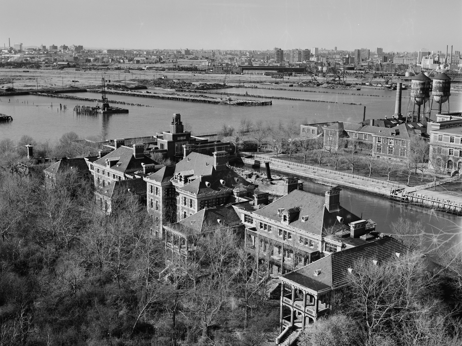 Ellis Island hospital complex, aerial view looking north — historic image