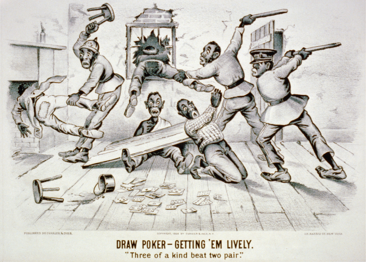 Draw Poker-Getting' em lively: Three of a kind beat two pair"", [New York] : Currier & Ives, 1886. — antique lithograph