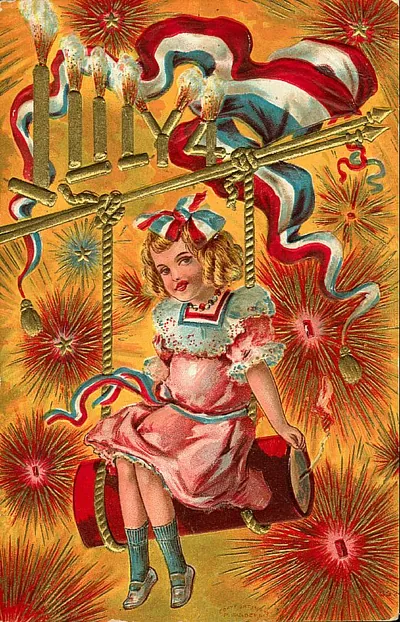 Vintage Fourth of July postcard, girl on firework swing