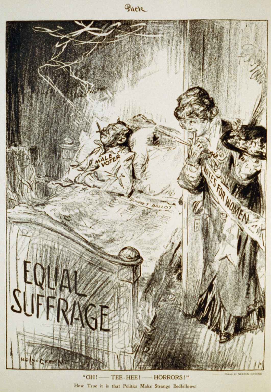 Oh! - tee hee! - horrors!" How true it is that politics make strange bedfellows!", 1914 — antique lithograph