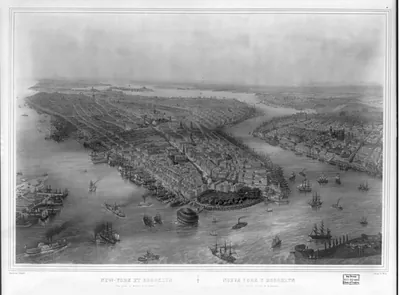New York et Brooklyn--Vue prise au dessus de la batterie / dessiné par Simpson ; lith. par Th. Muller.