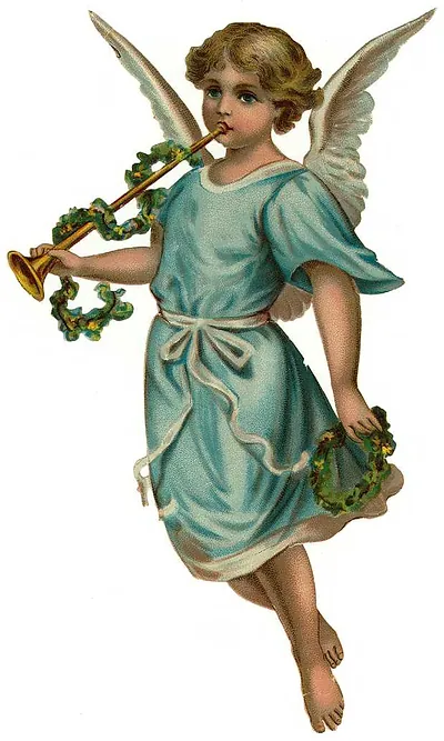 Winged cherub in blue robe playing a trumpet