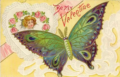 Be My Valentine postcard with butterfly and cherub
