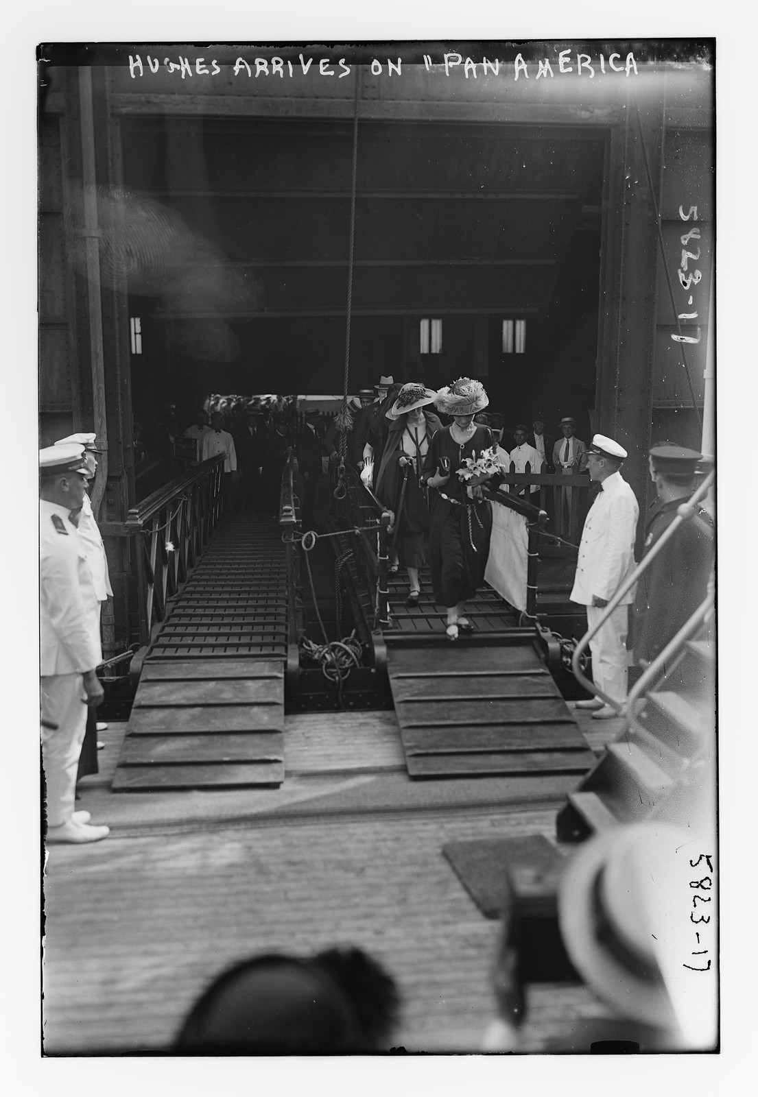 C.E. Hughes arrives on "Pan American", n/a — historic photograph
